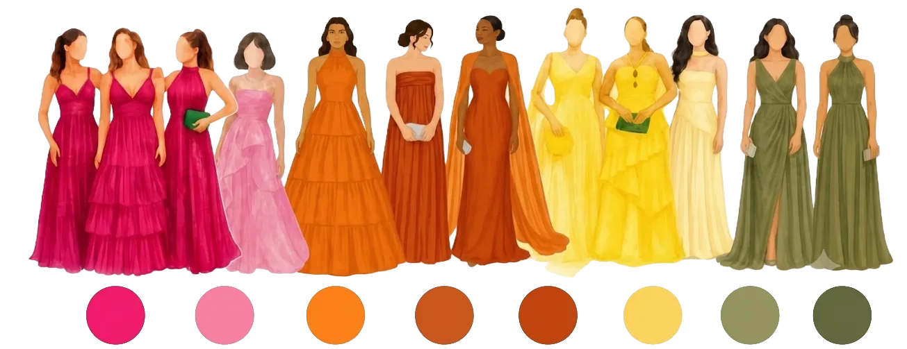 Paleta de colores para las invitadas: fucsia, rosa, naranja, terracota, teja, mostaza, verde salvia y verde oliva